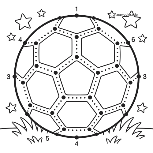 Ausmalbild zum Punkteverbinden mit einem Fußball, nummerierten Punkten, Sternen rundherum und Gras am unteren Rand.