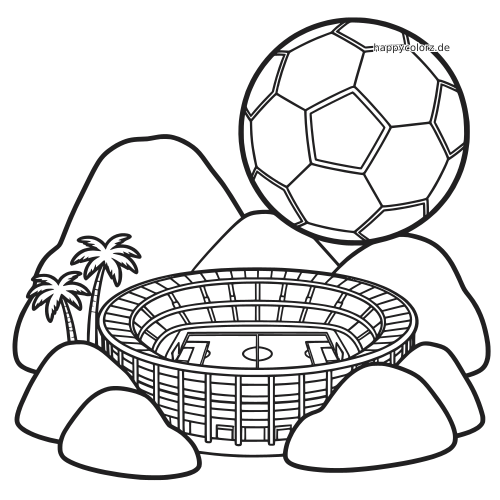 Schwarz-weißes Ausmalbild mit einem Stadion vor Bergen, Palmen und Felsen sowie einem riesigen Fußball darüber.