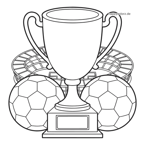 Ein großer Fußballpokal steht vor einem Stadion, daneben sind zwei Fußbälle in einer klaren Linienzeichnung zu sehen.