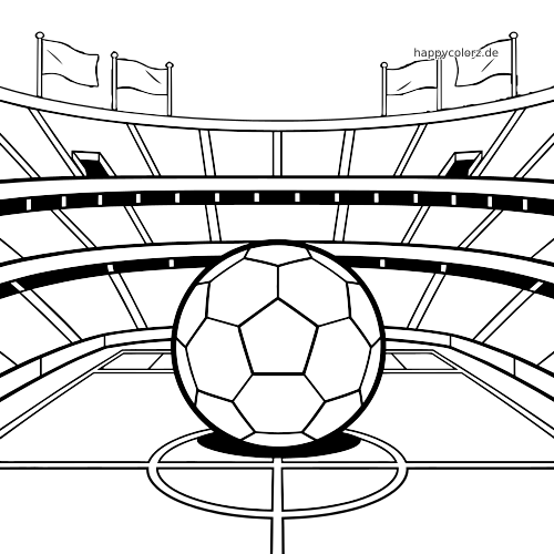 Schwarz-weißes Ausmalbild eines mehrstöckigen Fußballstadions im Barcelona-Stil mit großem Ball auf dem Mittelkreis und Fahnen oben.