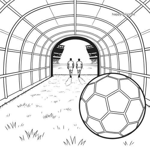Schwarz-weiße Szene in einem Fußballstadion-Tunnel mit zwei Spielern auf dem Weg aufs Spielfeld und einem großen Ball im Vordergrund.