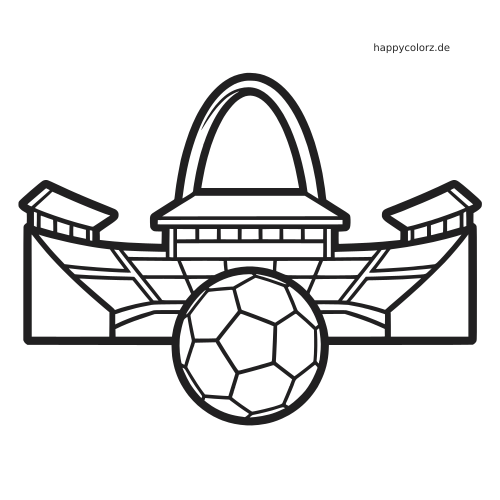 Schwarz-weiße Linienzeichnung eines Londoner Stadions mit großem Bogen und einem Fußball davor im einfachen Comicstil.