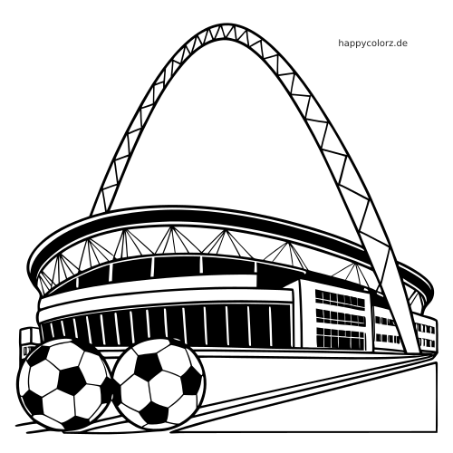 Schwarz-weißes Ausmalbild eines Londoner Stadions mit großem Bogen aus niedriger Perspektive und zwei Fußbällen im Vordergrund.