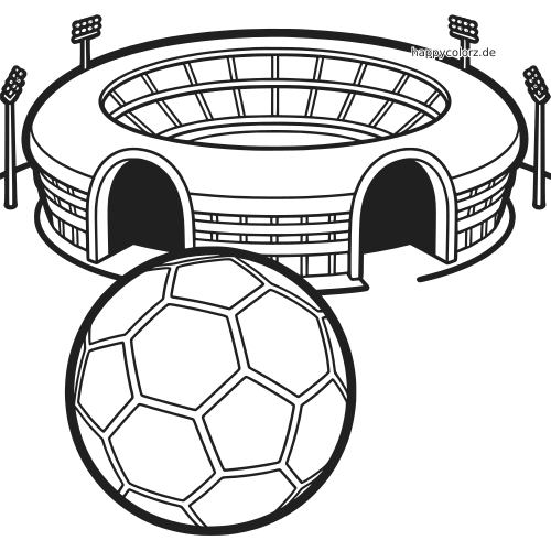 Schwarz-weiße Linienzeichnung eines Münchner Fußballstadions mit Flutlichtmasten und großem Fußball davor.