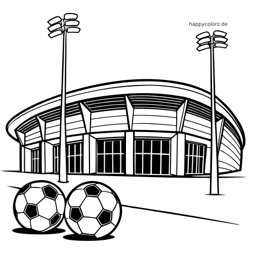 Schwarz-weiße Linienzeichnung eines Münchner Stadions mit rautenförmiger Fassade, hohen Flutlichtmasten und zwei Fußbällen davor.