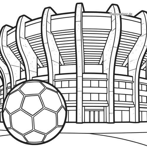 Schwarz-weißes Ausmalbild des Parc des Princes von außen, mit einem großen Fußball im Vordergrund.