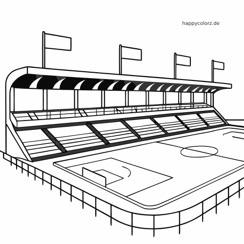 Schwarz-weiße Linienzeichnung eines Fußballstadions in Barcelona in Seitenansicht mit überdachter Tribüne, Fahnen und Spielfeld.