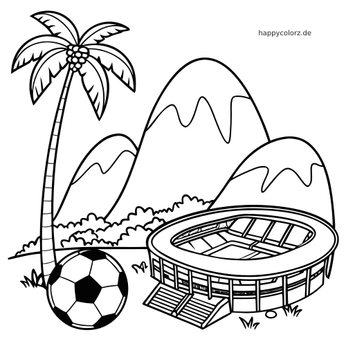 Schwarz-weißes Ausmalbild mit einem Stadion in Rio, einer Palme, einem Fußball und runden Berggipfeln im Hintergrund.