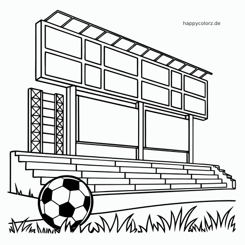 Schwarz-weiße Zeichnung einer Stadionanzeigetafel über einem Eingang mit Treppenstufen und einem Fußball im Vordergrund.