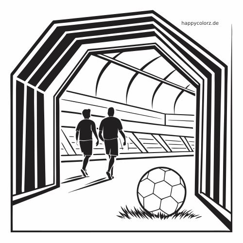 Schwarz-weiße Szene aus einem Stadiontunnel mit zwei Fußballspielern auf dem Weg zum Spielfeld und einem Fußball im Vordergrund.