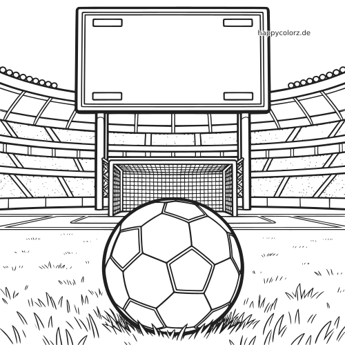 Ein Fußball liegt auf dem Rasen vor einem Tor im Stadion, darüber ist eine große Anzeigetafel in einfacher Linienzeichnung zu sehen.