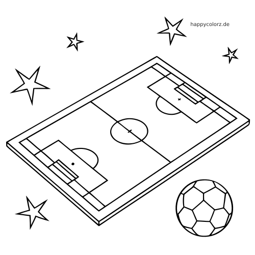 Einfache Linienzeichnung eines Fußballfelds mit Mittelkreis, zwei Toren, mehreren Sternen und einem Fußball in der Ecke.