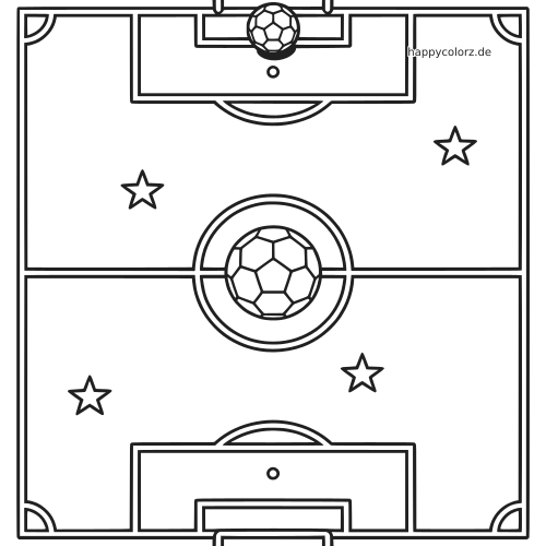 Draufsicht auf ein Fußballfeld mit großem Mittelkreis, zwei Toren, zwei Fußbällen und mehreren Sternen als einfache Umrisszeichnung.