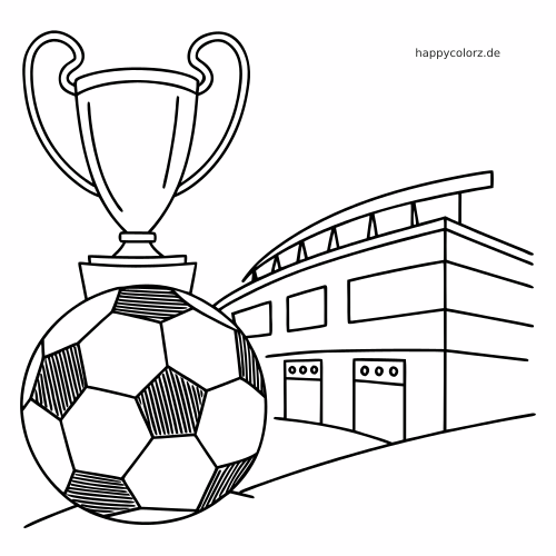 Ein großer Fußball vor einem Pokal neben einem modernen Stadion in einer klaren Linienzeichnung im Posterstil.