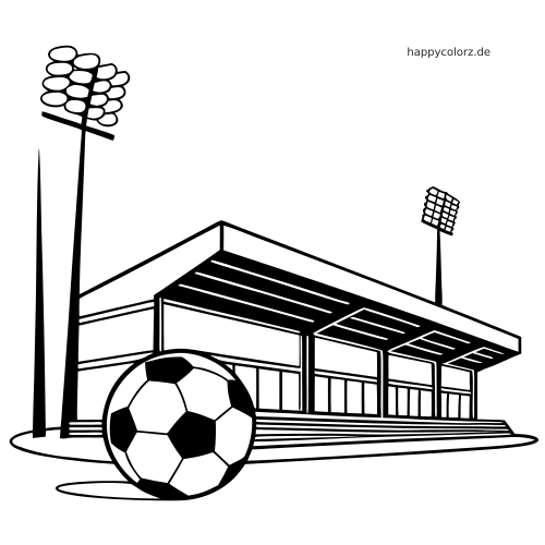 Schwarz-weißes Panorama eines Fußballstadions mit großem Fußball im Vordergrund, Tribünendach und hohen Flutlichtmasten.