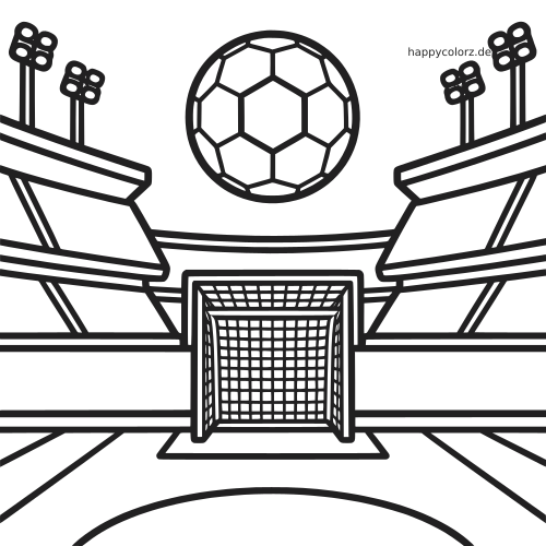 Schwarz-weiße Panoramaansicht eines Fußballstadions mit mittigem Tor, Tribünen, Flutlichtmasten und großem Ball darüber.