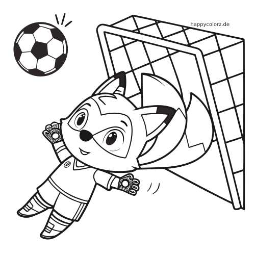 Ein Cartoon-Fuchs als Torwart springt mit Handschuhen vor dem Fußballtor nach dem Ball in einer einfachen Linienzeichnung.