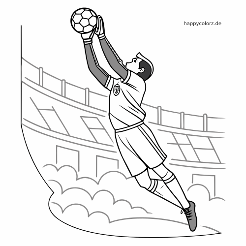 Ein Fußballtorwart springt im Stadion hoch und fängt den Ball mit beiden behandschuhten Händen.