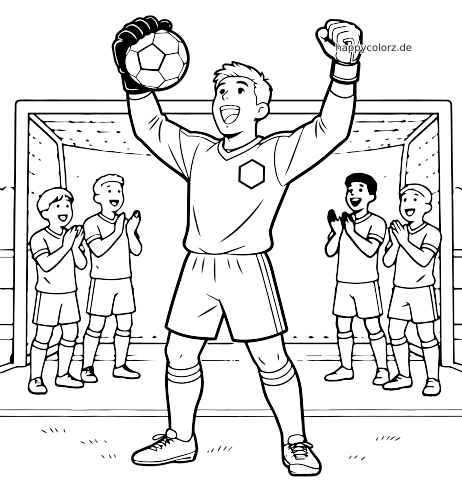 Schwarz-weißes Ausmalbild eines Fußballtorwarts vor dem Tor, der den Ball hochhält und jubelt, während Mitspieler klatschen.