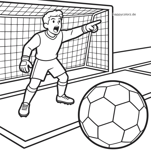 Schwarz-weißes Bild eines Fußball-Torwarts vor dem Tor, der zeigt und Anweisungen ruft; ein großer Ball liegt im Vordergrund.
