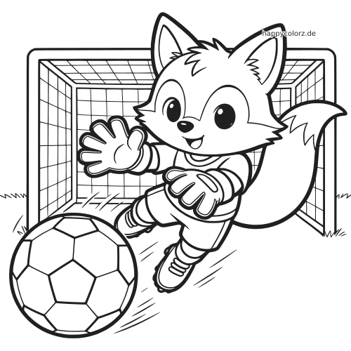 Ein Cartoon-Fuchs als Torwart-Maskottchen mit Handschuhen springt vor dem Fußballtor, ein großer Fußball liegt im Vordergrund.
