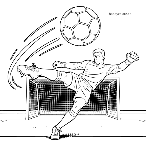 Schwarz-weißes Ausmalbild eines Fußball-Torwarts beim Abschlag vor dem Tor, mit Bewegungslinien und Ball in der Luft.