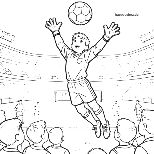 Schwarz-weißes Ausmalbild mit einem springenden Fußballtorwart, der in einem großen Stadion nach einem hohen Ball greift.