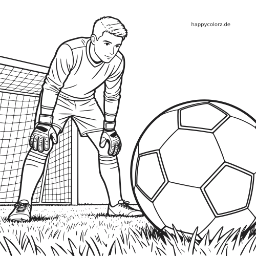 Ein Fußballtorwart mit Handschuhen beugt sich vor dem Tor in Aufwärmhaltung, im Vordergrund liegt ein großer Ball auf dem Rasen.