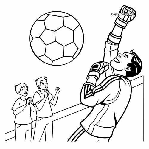 Schwarz-weißes Ausmalbild eines Fußballtorwarts, der nach einer Parade die Faust hebt, während zwei Kinder daneben jubeln.