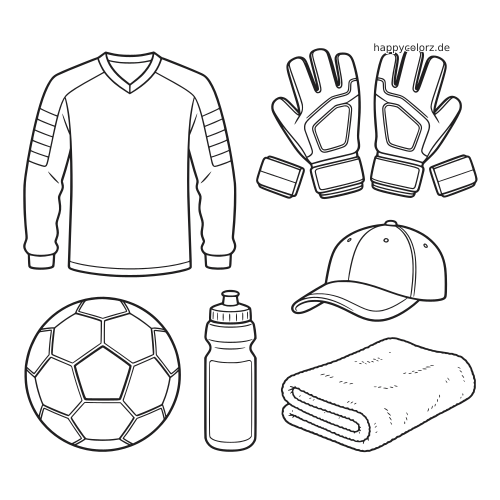Schwarz-weiße Umrisszeichnung einer Torwartausrüstung mit Trikot, Handschuhen, Kappe, Fußball, Trinkflasche und Handtuch.