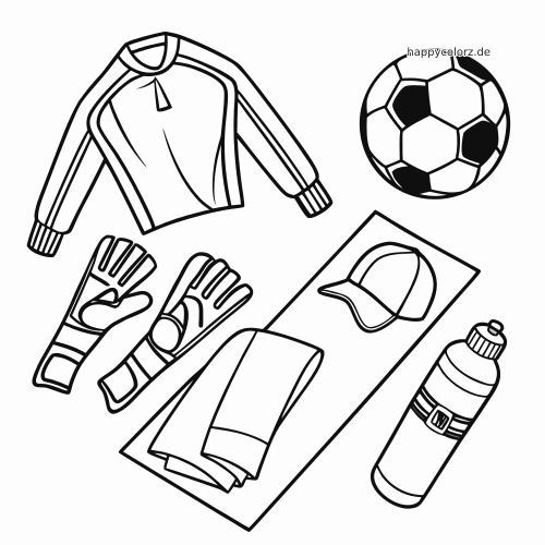 Schwarz-weißes Ausmalbild mit Torwartausrüstung in Draufsicht: Trikot, Torwarthandschuhe, Fußball, Kappe, Handtuch und Trinkflasche.
