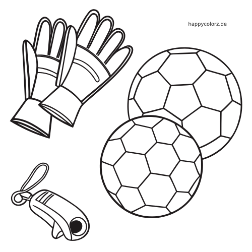 Schwarz-weiße Linienzeichnung mit Torwarthandschuhen, zwei Fußbällen und einer Trillerpfeife in einem einfachen Sportmotiv.