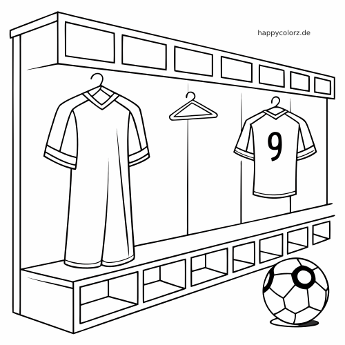 Schwarz-weißes Ausmalbild einer Fußball-Umkleide mit zwei Trikots auf Kleiderbügeln, einem Shirt mit der Nummer 9, Fächern und einem Fußball.