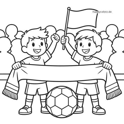 Zwei fröhliche Fußballfans halten einen großen Schal und eine leere Fahne, vor ihnen liegt ein Fußball, im Hintergrund jubelt die Menge.
