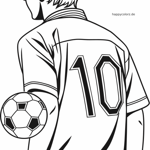Schwarz-weiße Rückansicht eines Fußballspielers mit Trikotnummer 10, der einen Fußball unter dem Arm hält.