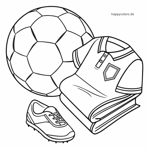 Schwarz-weißes Ausmalbild mit einem großen Fußball, einem gefalteten Trikot und einem einzelnen Fußballschuh.