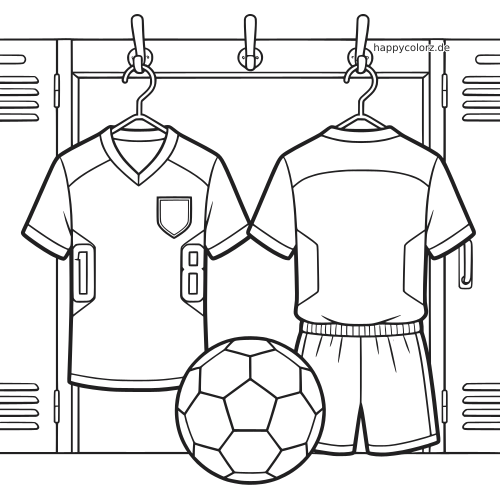 Schwarz-weißes Ausmalbild mit zwei Fußballtrikots im offenen Umkleidespind, dazu Shorts und ein Fußball davor.