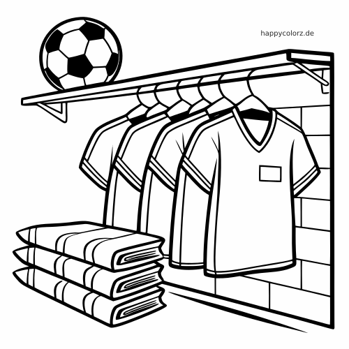 Schwarz-weiße Zeichnung mit mehreren hängenden Fußballtrikots, einem Fußball auf dem Regal und gefalteten Shirts darunter.