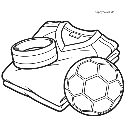 Ein gefaltetes Fußballtrikot mit Kapitänsbinde daneben und einem Fußball davor, in einfachen schwarzen Umrissen gezeichnet.