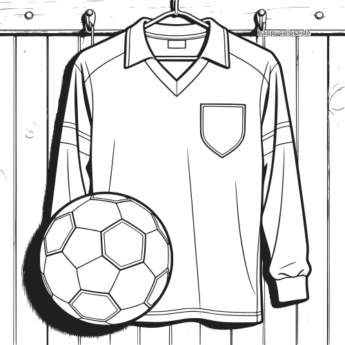 Schwarz-weißes Ausmalbild eines Retro-Fußballtrikots auf einem Kleiderbügel mit einem Fußball davor.