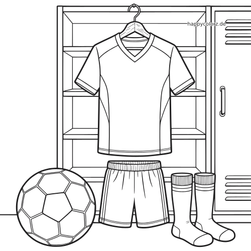 Ein Fußballtrikot hängt an einem Kleiderbügel im offenen Spind, davor liegen Shorts, Stutzen und ein Fußball als einfache Schwarz-Weiß-Zeichnung.
