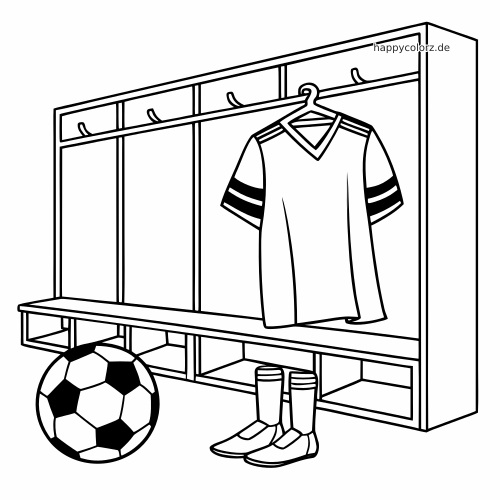 Ein Fußballtrikot hängt an einem Kleiderbügel in der Umkleide, daneben sind eine Bank, ein Fußball und Stutzen zu sehen.