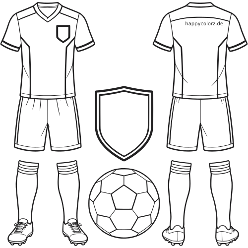 Umriss eines leeren Fußballtrikot-Sets mit Vorder- und Rückansicht, Trikot, Shorts, Stutzen, Fußballschuhen, Wappen und Ball.