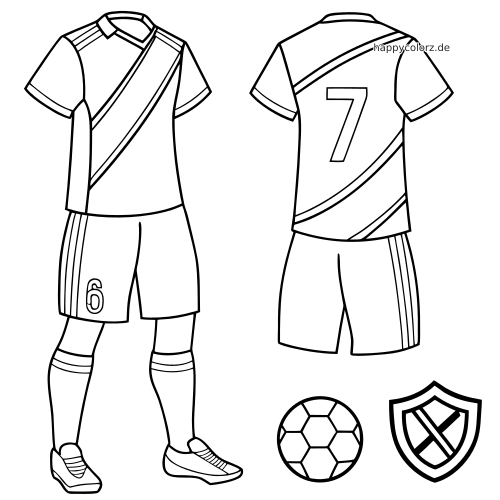 Schwarz-weiße Umrisszeichnung eines Fußballtrikots mit Shorts und Stutzen, vorne und hinten gezeigt, dazu Ball und Wappen.