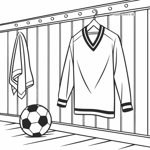 Schwarz-weiße Linienzeichnung eines Retro-Fußballtrikots in der Umkleide, daneben ein Handtuch und ein Fußball.
