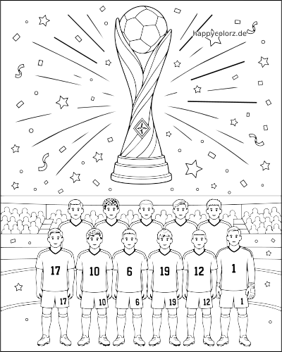 Eine Fußballmannschaft steht im Stadion unter einem großen Pokal mit Fußball oben drauf, umgeben von Sternen und Konfetti.