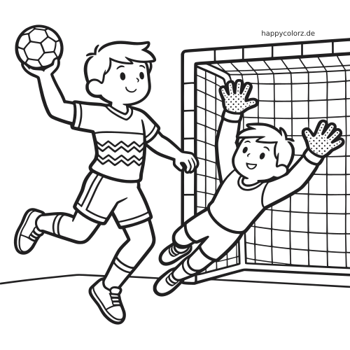 Ein Handballspieler springt mit dem Ball zum Torwurf, während ein Torwart vor dem Tornetz nach dem Ball hechtet.