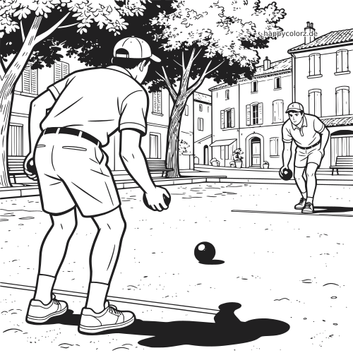 Zwei Pétanque-Spieler auf einem Dorfplatz in Perspektive, mit einem Spieler im Vordergrund und Häusern im Hintergrund.
