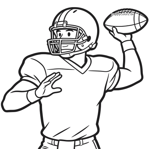 Schwarz-weiße Nahaufnahme eines Quarterbacks mit Helm und Schulterpolstern, der den Football zum Wurf nach hinten hält.