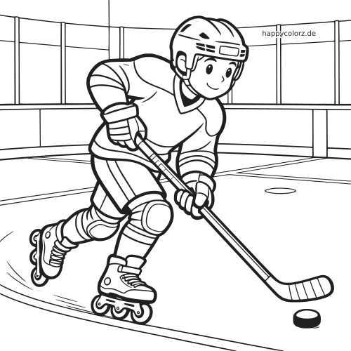 Ein Rollhockey-Spieler fährt mit Helm und Schutzausrüstung über das Spielfeld und führt den Puck mit dem Schläger.